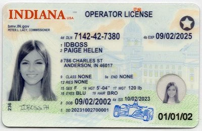 Medium Size United States Indiana Fake ID - View 1 - High Quality Scannable ID