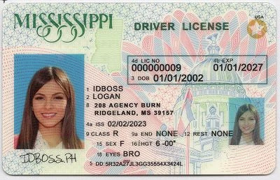 Medium Size United States Mississippi Fake ID - View 1 - High Quality Scannable ID
